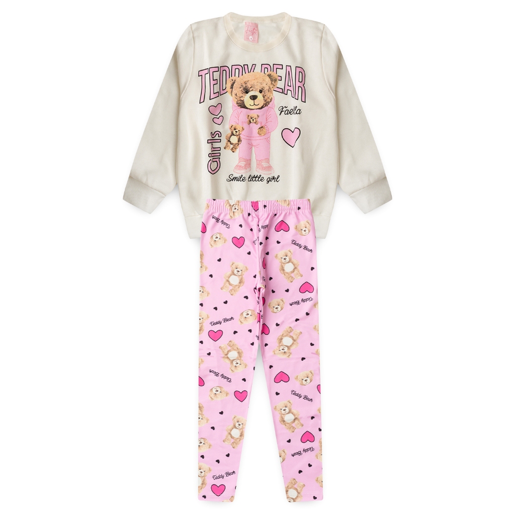 Conjunto Moletom Peluciado Infantil Feminino Teddy - Off White em Oferta na Shopee