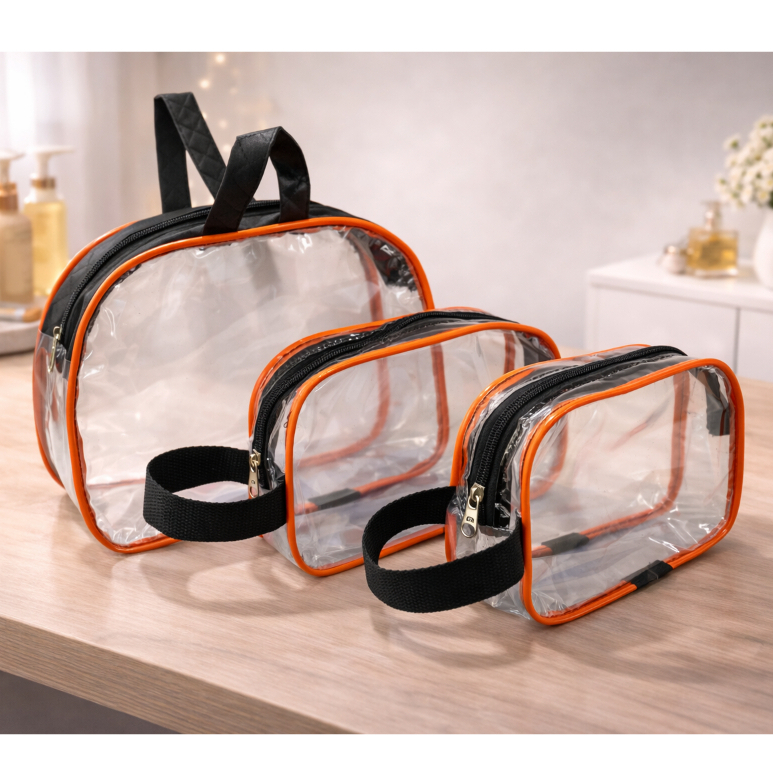 Kit Organiza Viagem 3 Necessaires Transparente Laranja e Preto – 1 Grande + 2 Pequenas em Oferta na Shopee