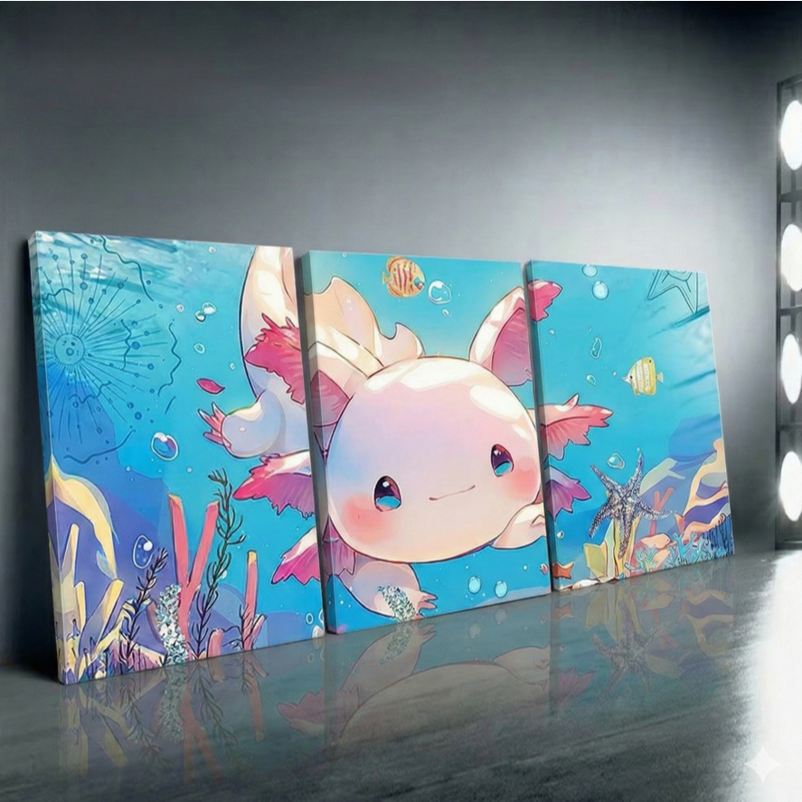 Kit 3 Quadros Decorativos Axolote Fundo do Mar Salamandra Kawaii Azul Rosa Infantil Gamer