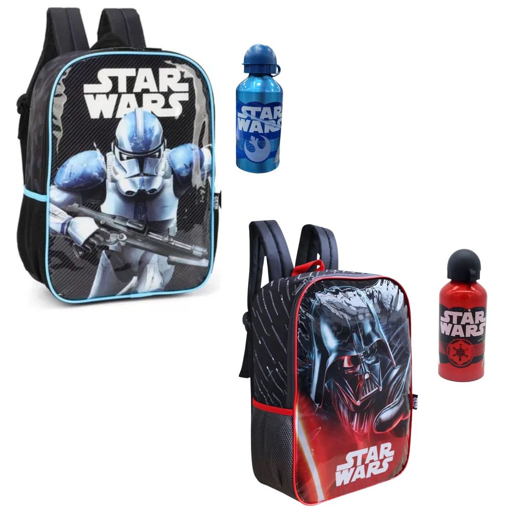 Kit Mochila Infantil Star Wars Escolar + Garrafa Alumínio Squeeze Disney Original