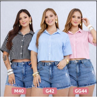 Camisa Feminino  Cropped Listrada Social Manga Curta Elegante Blusa Chike Tendencia M(40) G(42) GG(44) em Oferta na Shopee