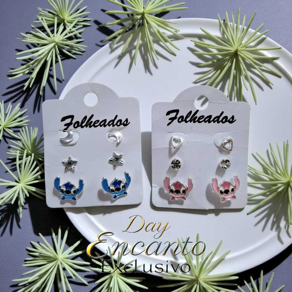Brincos Stitch Cartela folheados a Prata 925 e Ouro 18k em Oferta na Shopee