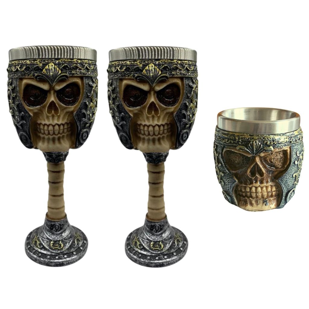 Kit 2 Cálices + Copo Shot Taça 3d Caveira Medieval Vikings
