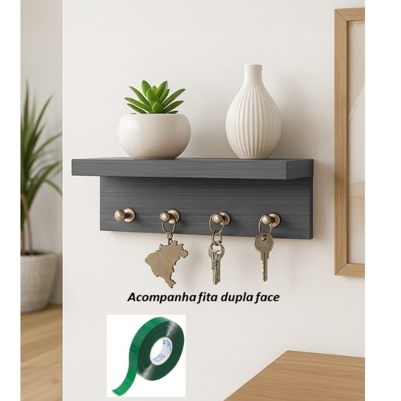 Porta Chaves Minimalista Para 4 Chaveiros MDF- Cinza