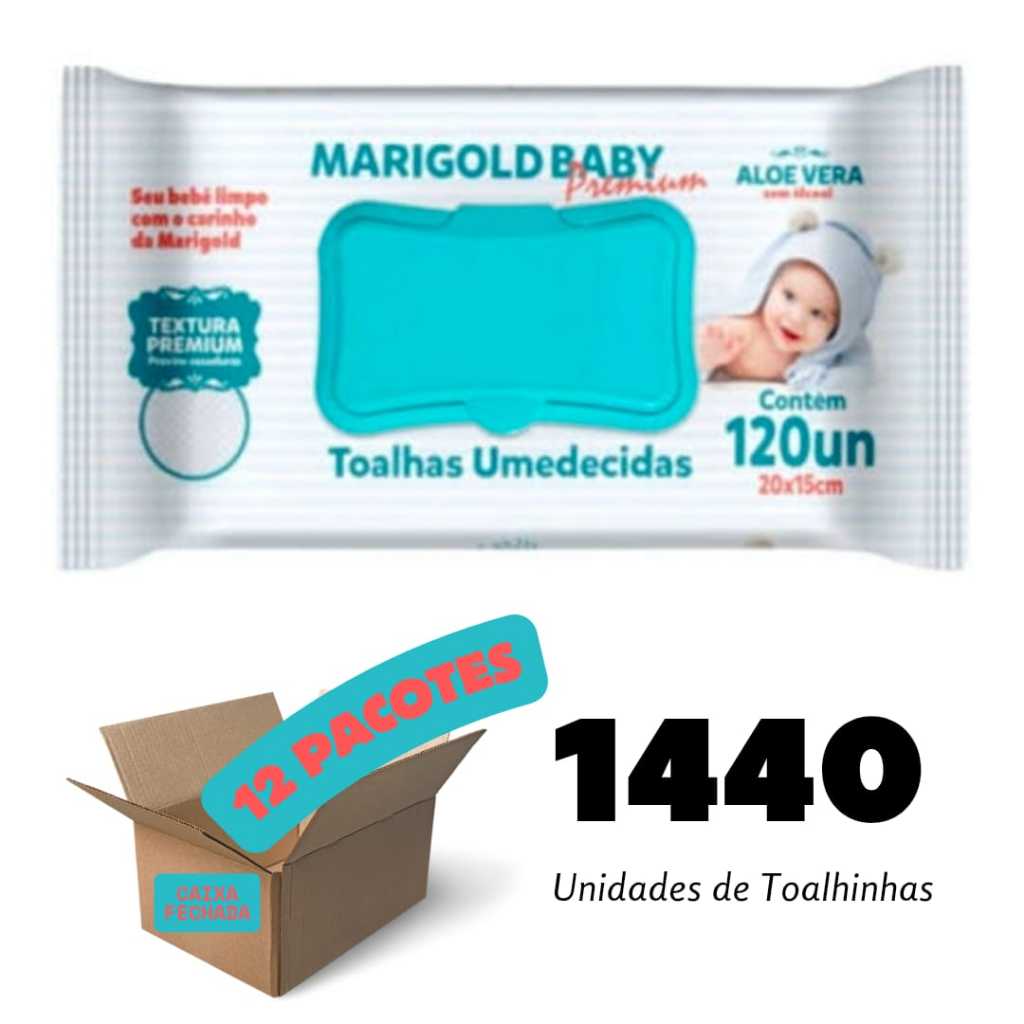 Kit 12 Pacotes Toalha Umedecida Marigold Baby Premium Caixa Fechada