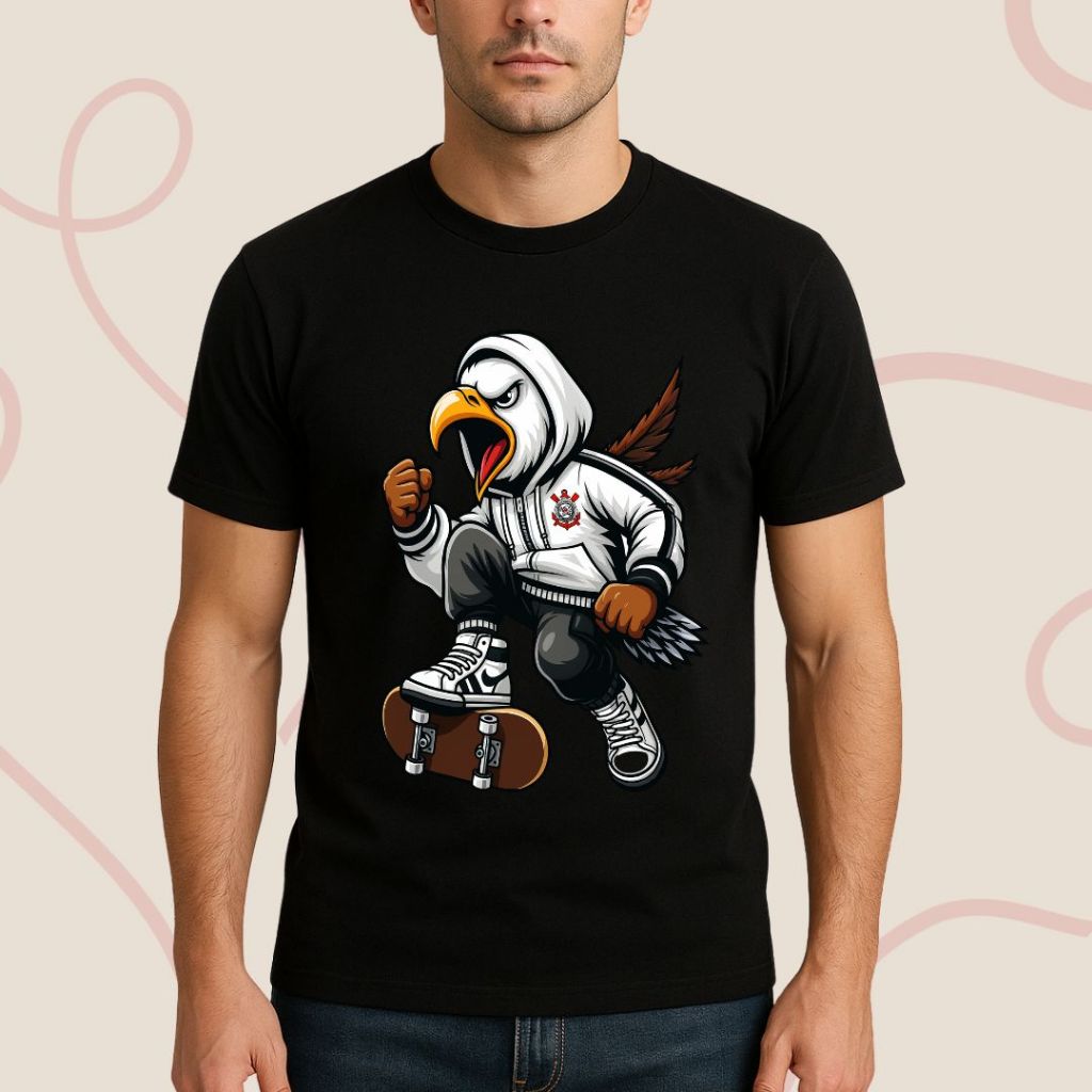 Camiseta Corinthians Águia Skatista Preto e Branco  Time Corinthians Streetwear Urbano
