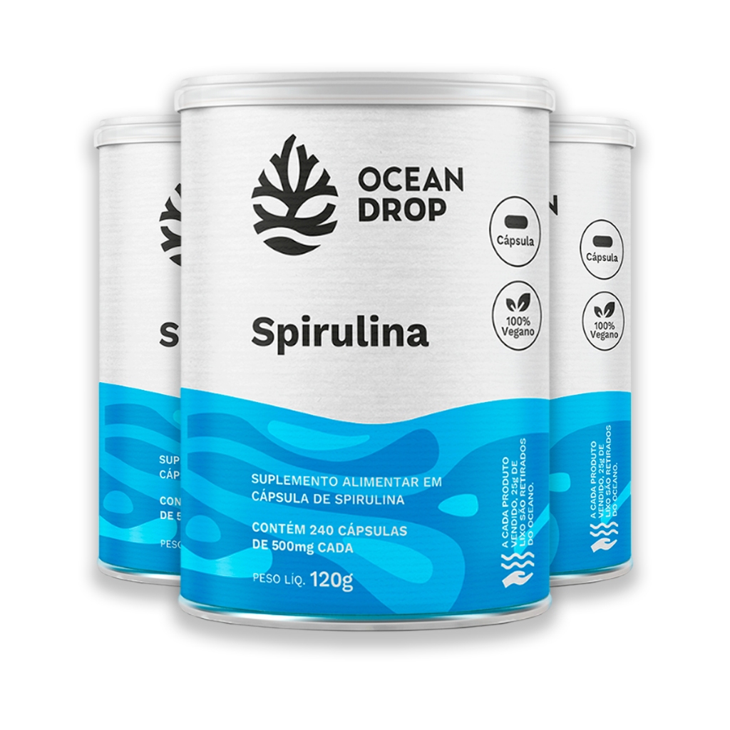 Kit 3 Spirulina 520mg Ocean Drop Vegana 240 Cápsulas
