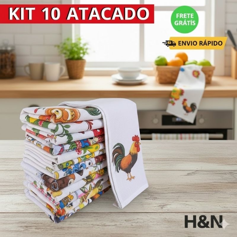 Kit 10 Panos de Prato Algodão Estampados | Super Absorventes para Cozinha e Limpeza em Oferta na Shopee