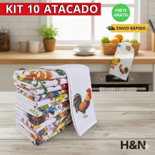 Kit 10 Panos de Prato Algodão Estampados | Super Absorventes para Cozinha e Limpeza em Oferta na Shopee