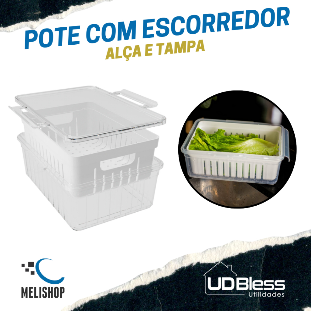 Pote Organizador de Geladeira com Escorredor e Tampa Multiuso 2,2L UDBLess 8,5x25x17,5cm