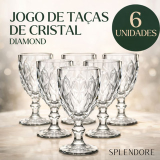 Jogo Taças 6 Peças 330ml Diamond Cristal Vidro Transparente Copo Diamante Água Suco Vinho Mesa Posta