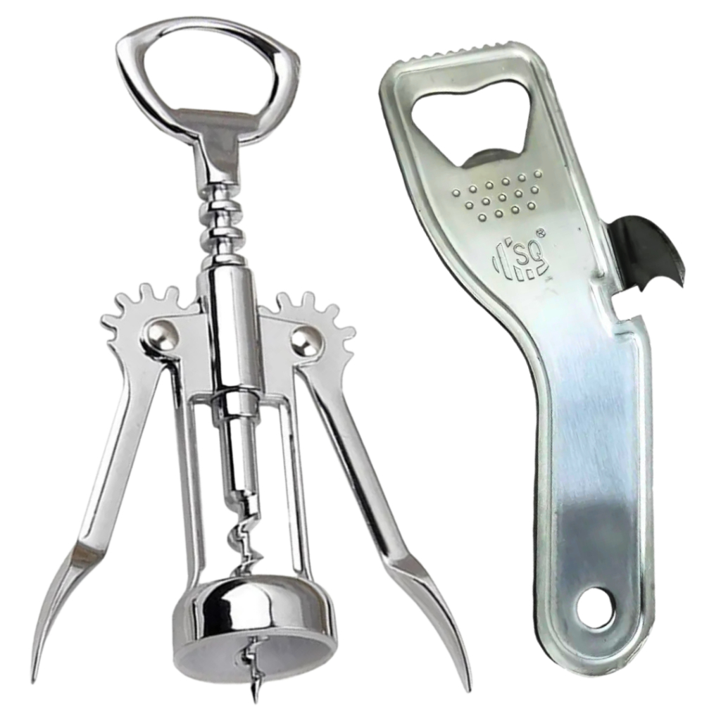 Kit Saca Rolha Manual Garrafa Vinho E Abridor 2x1 Lata E Garrafa 14,5cm Inox Cozinha Bar Jantar