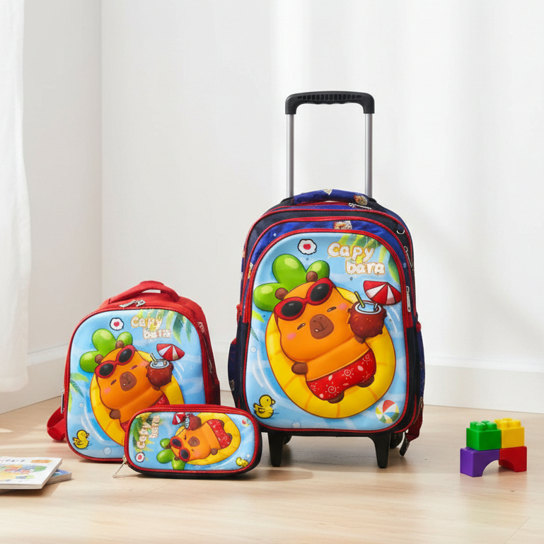 Mochila Infantil com Rodinhas Capivara 3D LED Escolar Menino Menina Carrinho Resistente Grande Capacidade