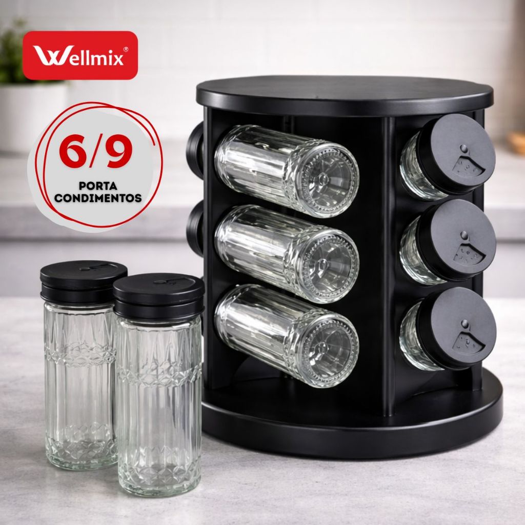 Porta Temperos Profissional Giratório 9 Potes Vidro Tampa Dosadora Condimentos