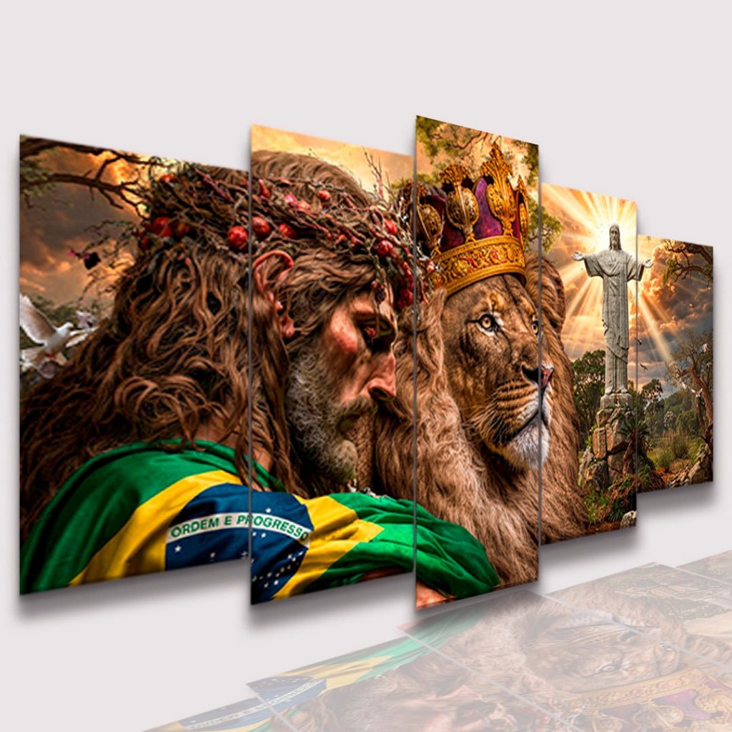 Kit Quadro Decorativo Leão de Juda Jesus Cristo Badeira do Brasil Cristo Redentor Paisagem Realista