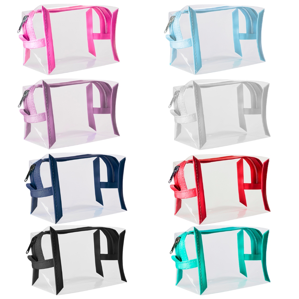 Necessaire Estojo 5 Peças Plástico Cristal Transparente Ziper Varias Cores
