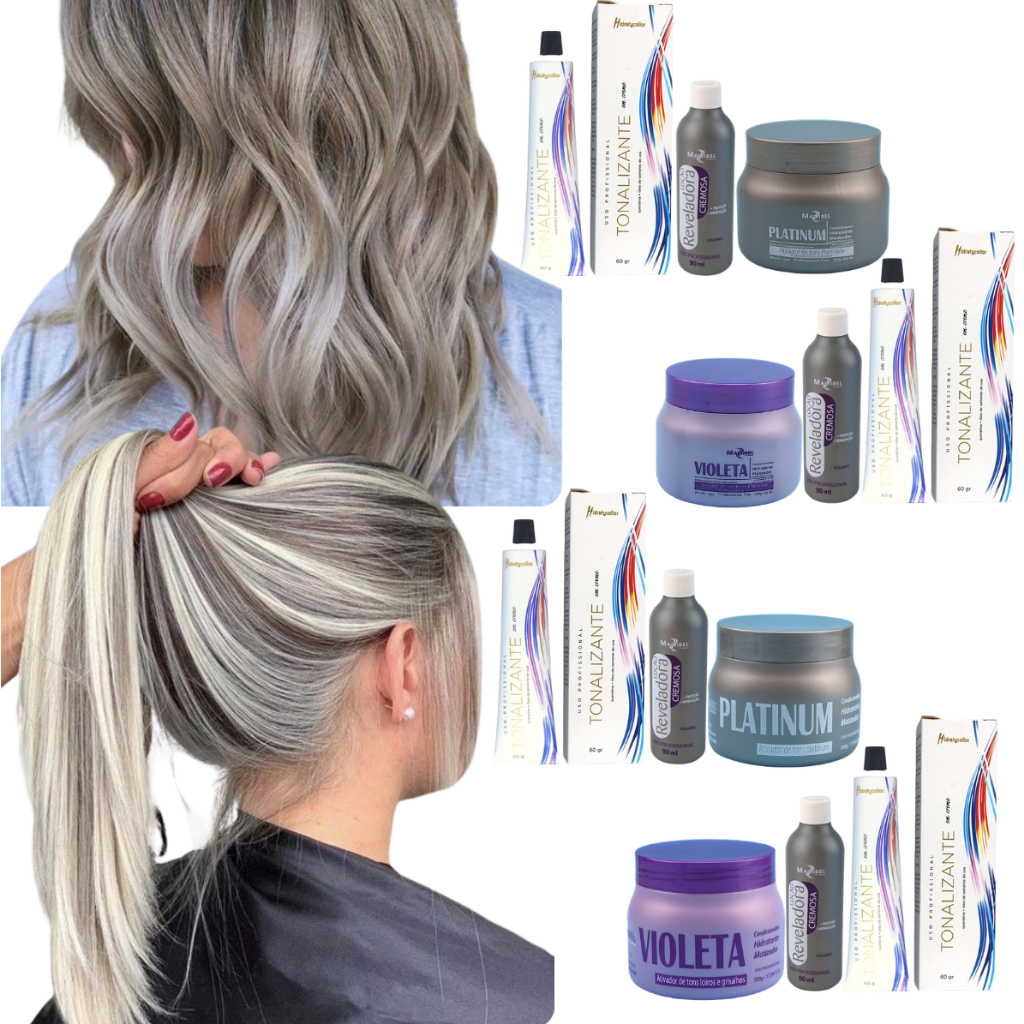 Kit Tonalizante Mairibel/Hidraty 9.1 Loiro Cinza + Ox + Matizador Platinum ou Violeta