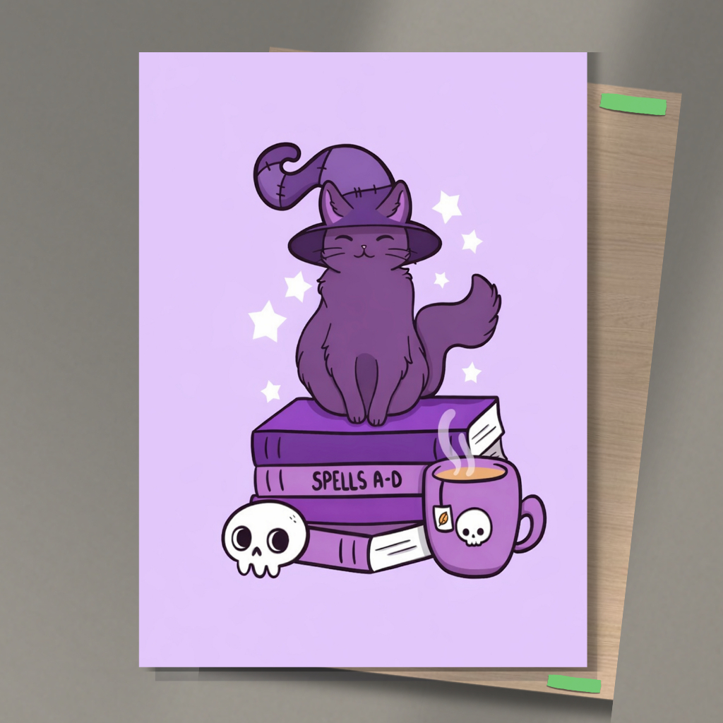 Quadro Placa Decorativo Personalizado Gata Bruxa Mística Feitíços Cute Nerd Geek Roxo