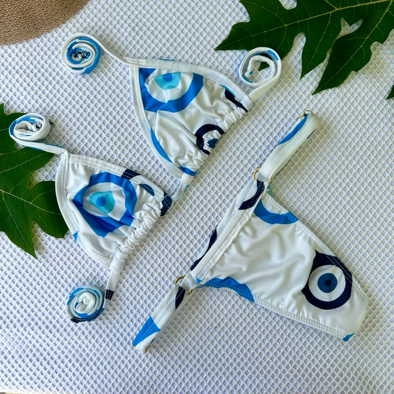 Biquíni Cortininha Estampado – Marquinha de Fita, Calcinha Fio Dental Regulável, Verão