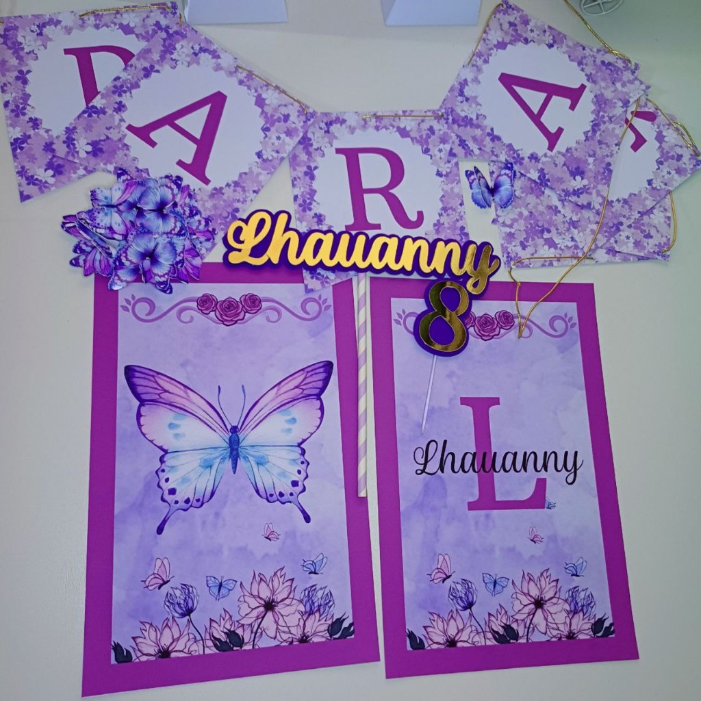 - Kit de Personalizados Festa Topo de bolo, Displays e Bandeirolas - Roxo Lilás Lilac - Menina Aniversário Purple
