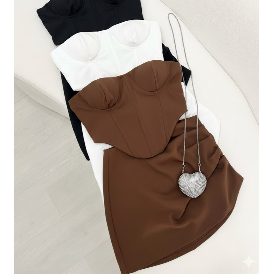 CONJUNTO FEMININO ALFAIATARIA SAIA GRAMPEADO + CORSELET TOMARA QUE CAIA | COM BOJO E ZÍPER NAS COSTAS em Oferta na Shopee