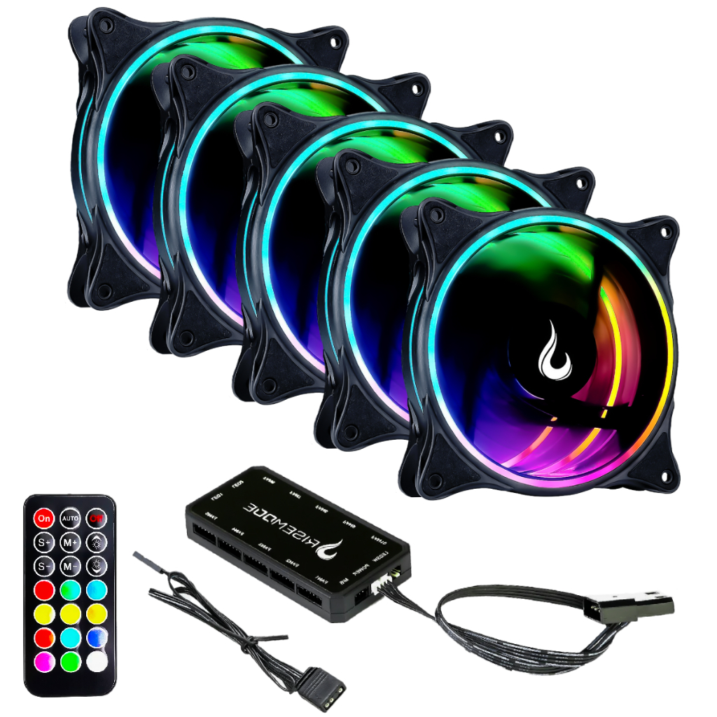 Kit 5 Fans Cooler Ventoinhas Pc Gamer Rise Mode Laser Black Argb C/ Controladora Hub Preto