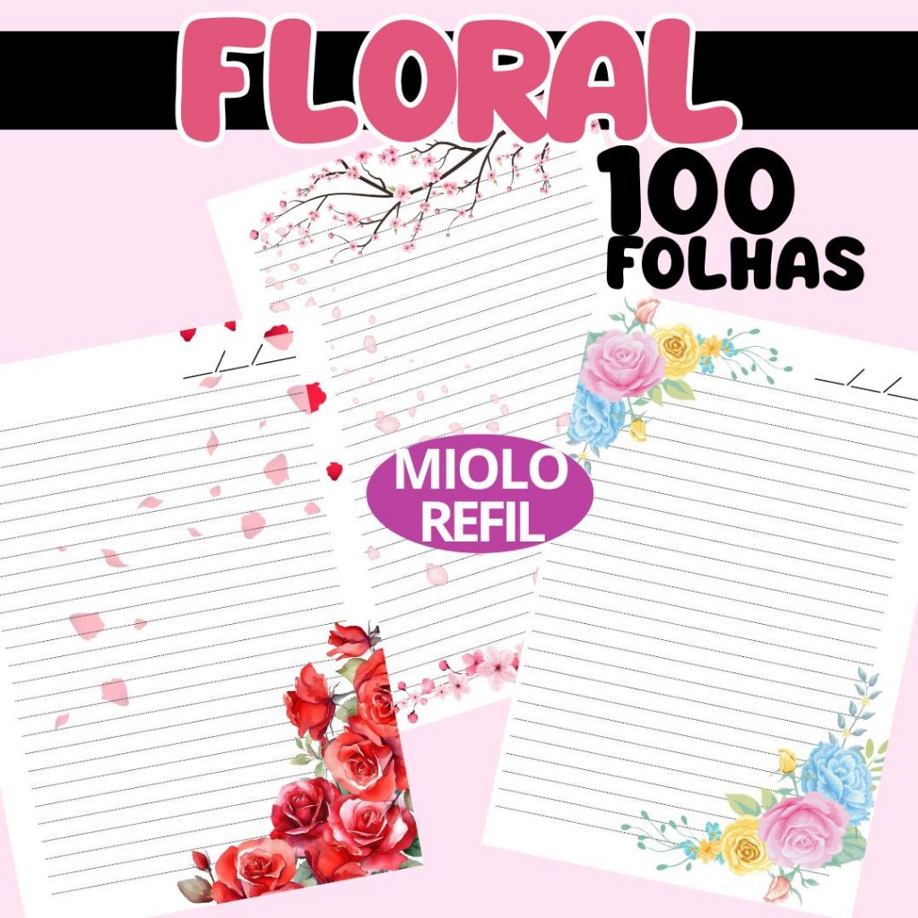 Refil Pautado Floral | 100 Folhas Decoradas | Miolo para Agenda e Fichário