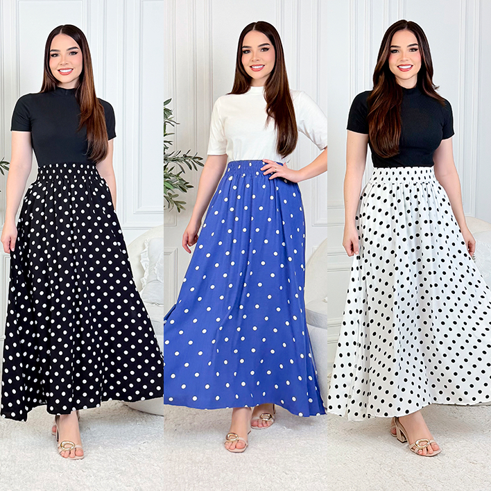 saia longa estampada poá com forro,  fendas e bolsos laterais com elástico na cintura | moda evangélica  | viscolinho em Oferta na Shopee