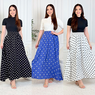 saia longa estampada poá com forro,  fendas e bolsos laterais com elástico na cintura | moda evangélica  | viscolinho em Oferta na Shopee