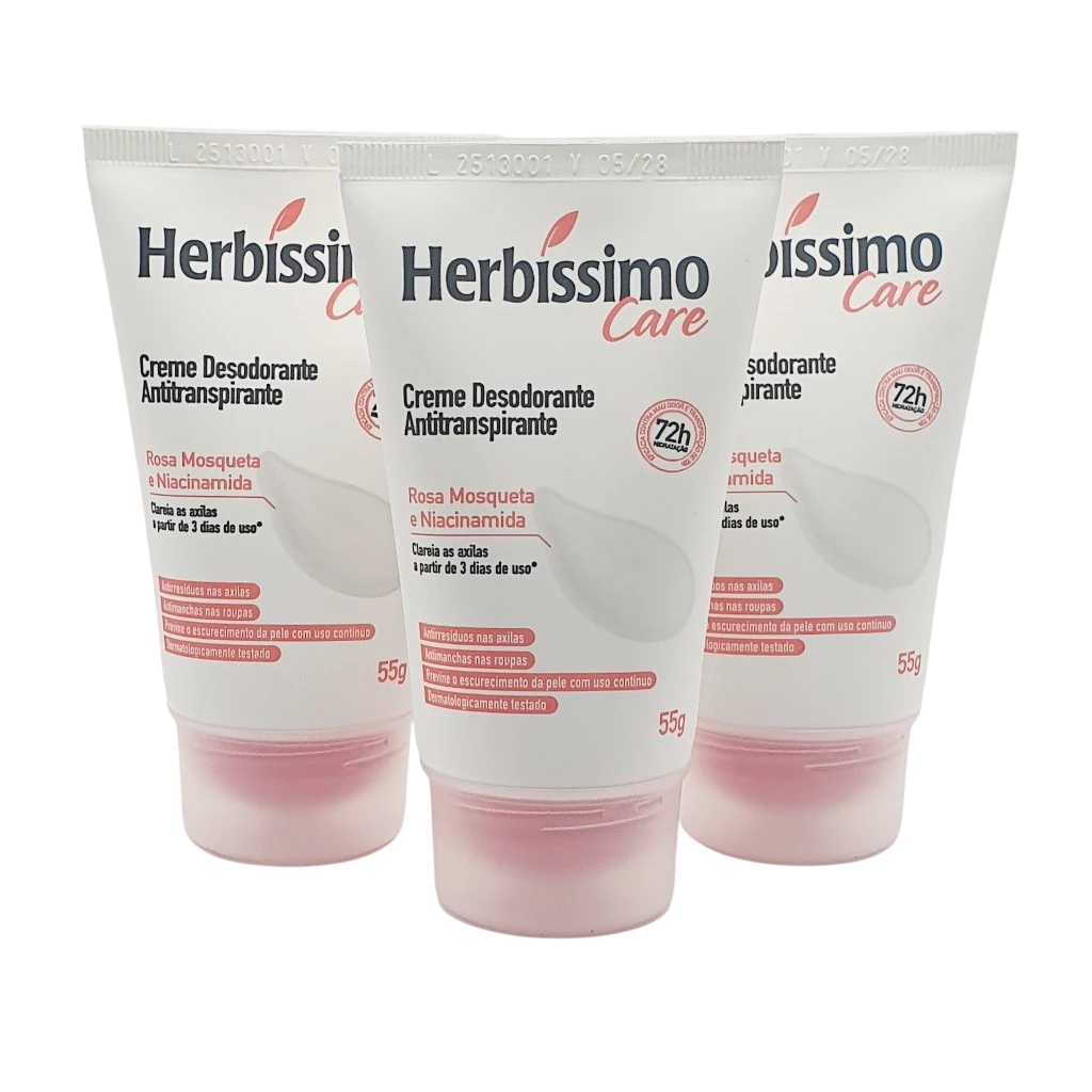 Kit 3 Desodorantes Herbíssimo Creme Antitranspirante Bisnaga Rosa Mosqueta e Niacinamida 55g