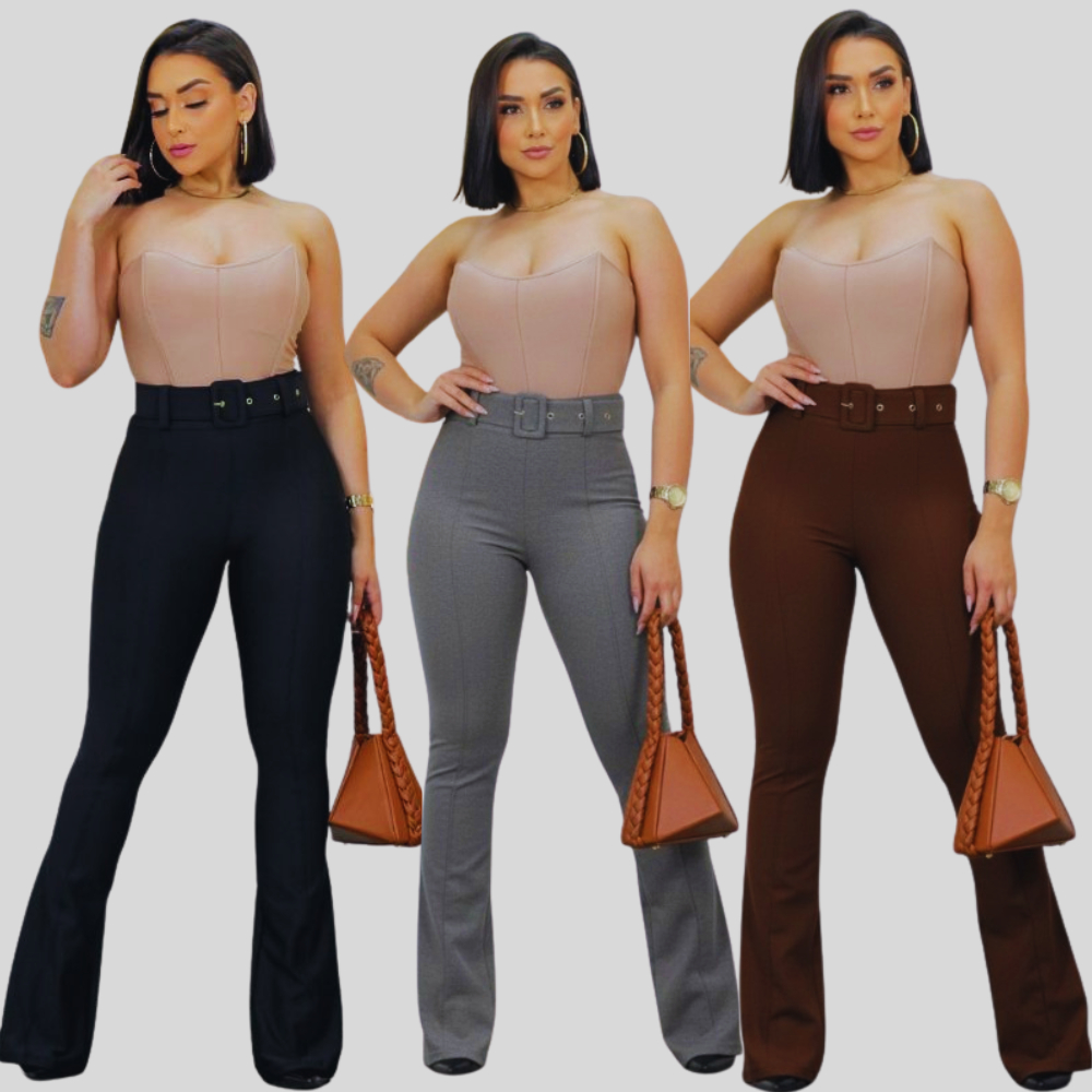 Calça Feminina Flare  com  Cinto Cintura  Alta Modeladora Confortável Tecido Power