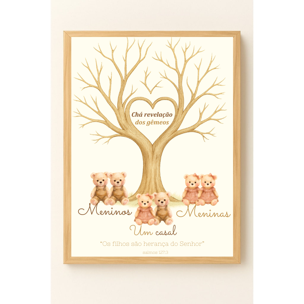 Quadros Decorativos Chá Revelação Ursinho Nome Personalizado Gêmeos Árvore Marrom |Delicado Aquarela
