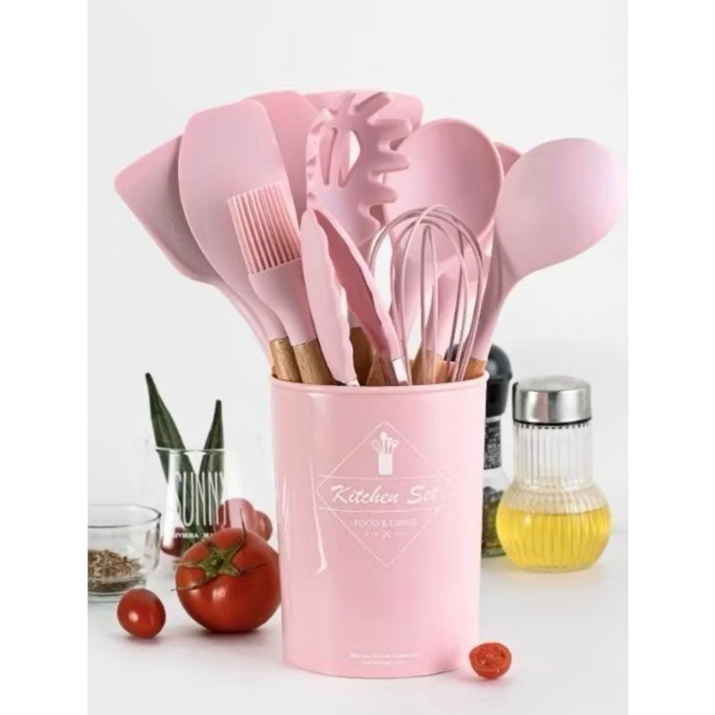 Kit Jogo de Utensílios p Cozinha Silicone Bambu com 12 Peças Espatulas Colheres Rosa Chicago