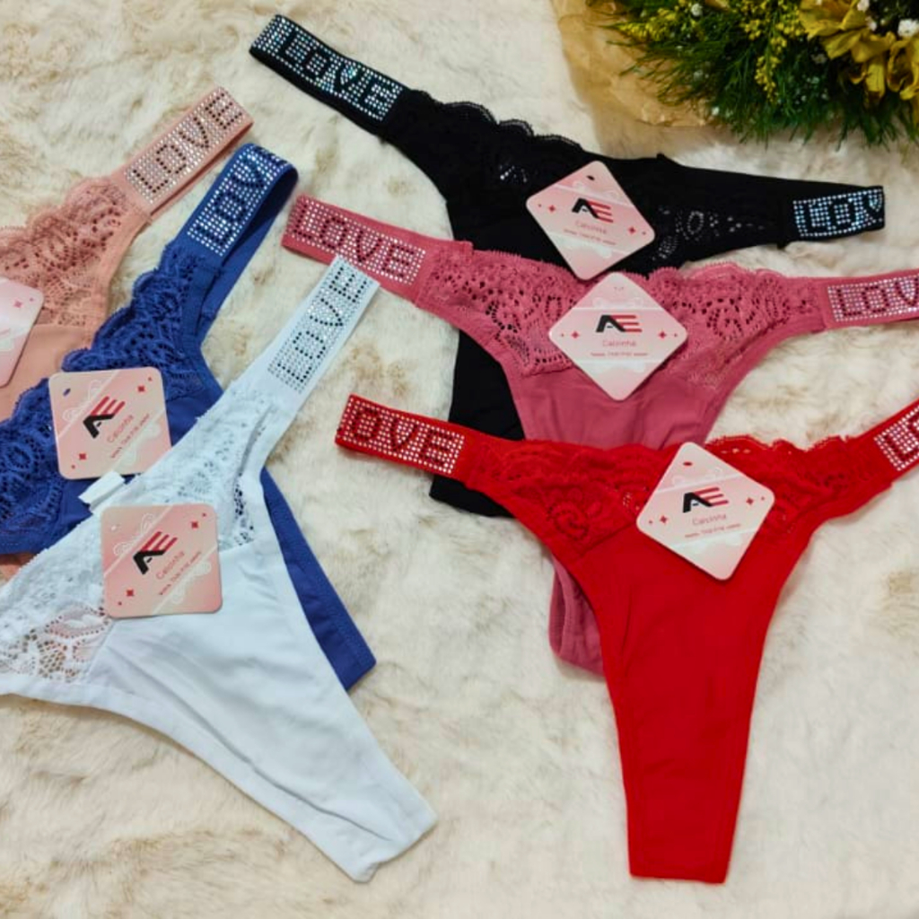 Calcinha Fio Dental Love Feminina Renda Poliamida com Forro Algodão Roupa Íntima Seda Strass em Oferta na Shopee