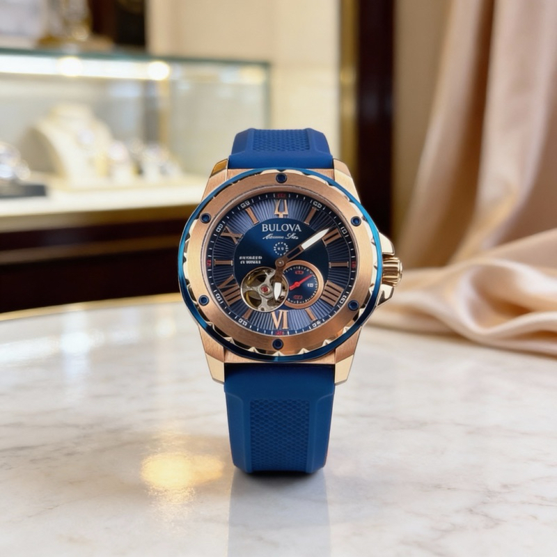 Bulova Marine Star Men’s Blue Gold Dial Rubber 98A227 Steel Automatic Watch 45mm