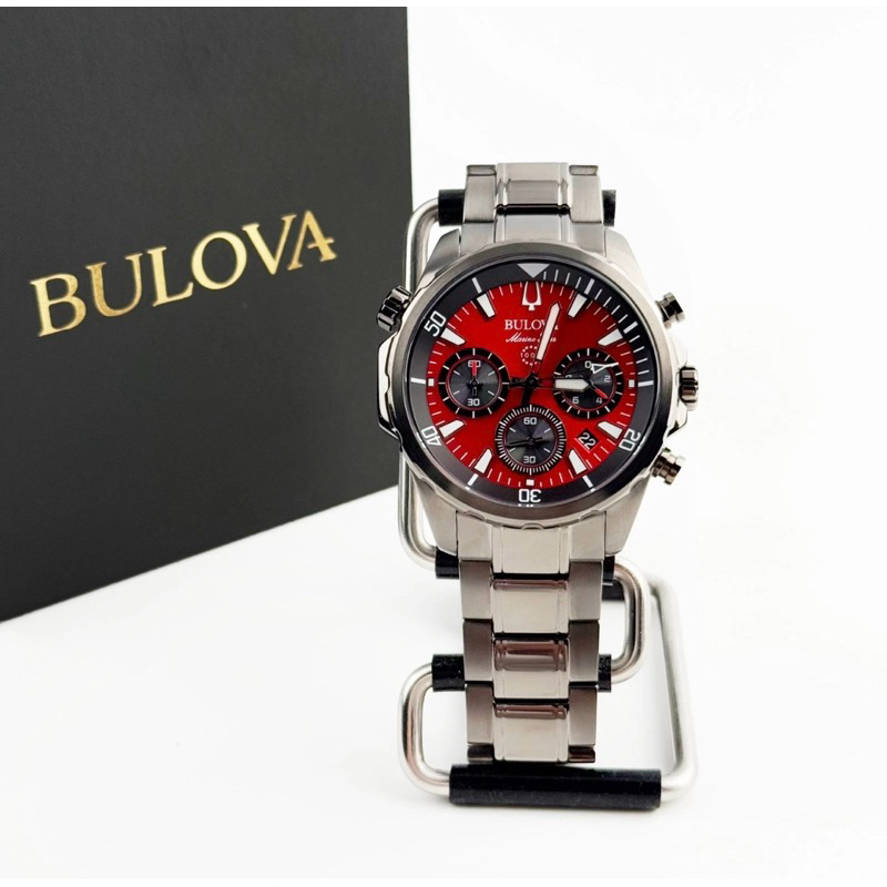 Bulova Marine Star relógio de quartzo cronógrafo masculino mostrador vermelho 98B350 43mm