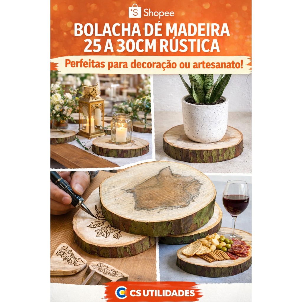 BOLACHA DE MADEIRA RUSTICA DE 30CM ARTESANATO DIY DECORAÇÃO FOTOS TABUA PLANTAS VASOS BRUTA