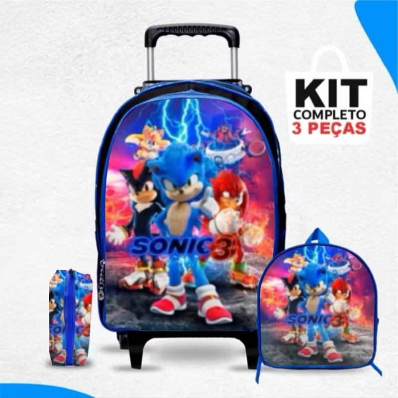 Mochila escolar infantil menino Sonic  + lancheira + estojo