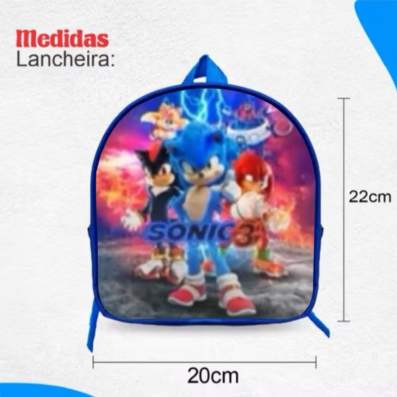kit Mochila escolar infantil menino Sonic de rodinhas + lancheira + estojo