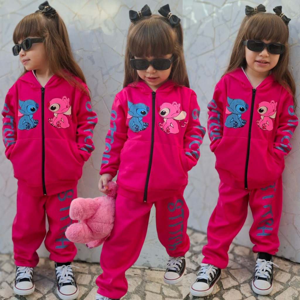 Conjunto Infantil Feminino Pink Rosa Preto Chimpa ou Moletinho Roupa de Inverno de Menina Stitch