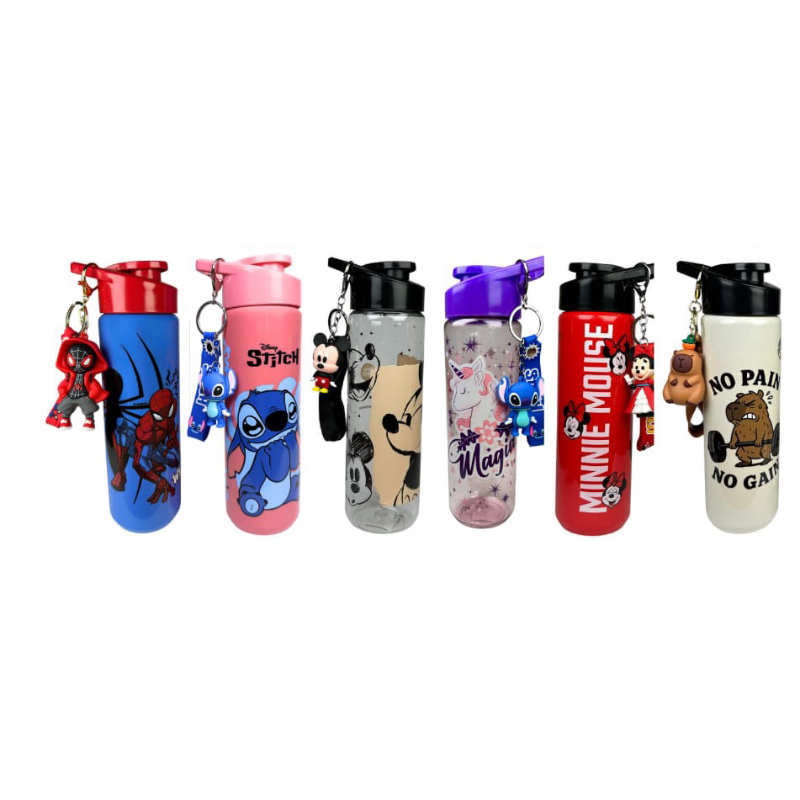 Garrafinha Infantil capivara ,Stitch, Homem Aranha, Mikey, Minie, unicornio 700ml -Alça e Acompanha um Lindo Chaveiro