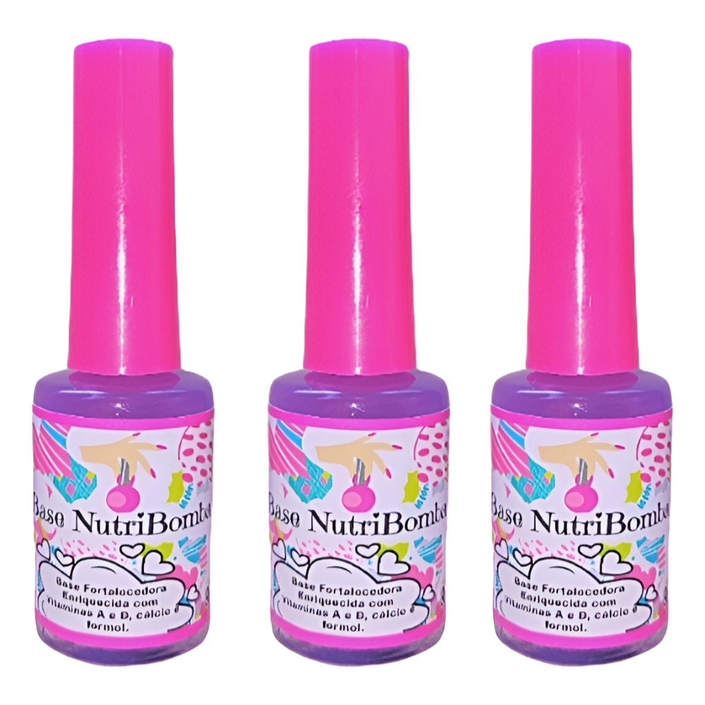 Kit com 3 Base NutriBomba Esmalte Fortalece Unha Fina Fraca Manicure Cor Natural