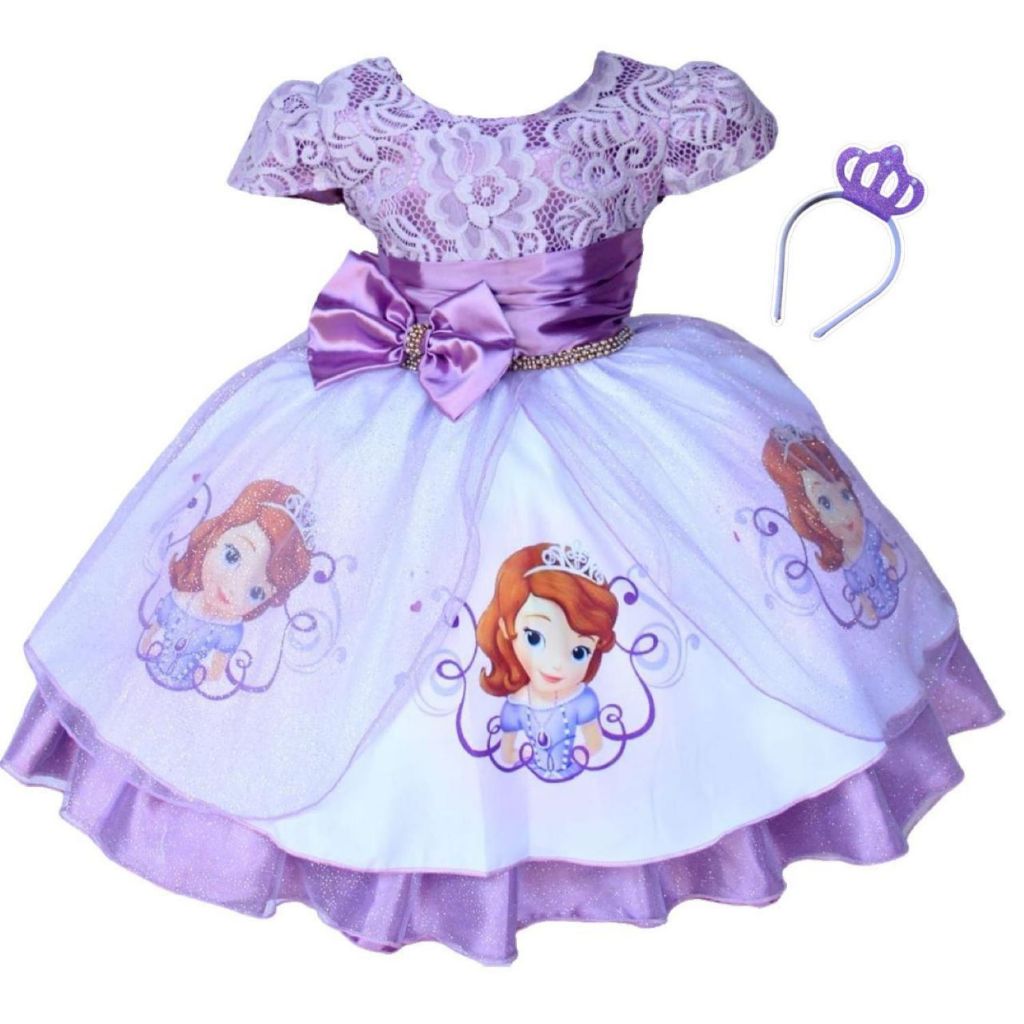 Vestido Festa Luxo Princesa Sophia Sofia Aniversário Tema Temático com Coroa