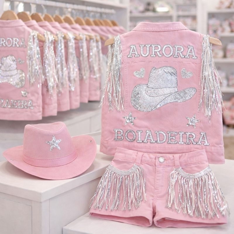 Conjunto  Boiadeira Rosa COLETE Ana Castela Completo em Oferta na Shopee