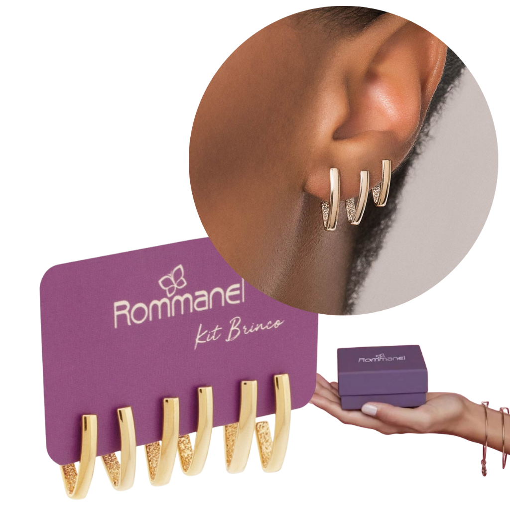 Kit Trio Brincos Rommanel Mix 1º 2º 3º Furo Meia Argola V Folheado Ouro