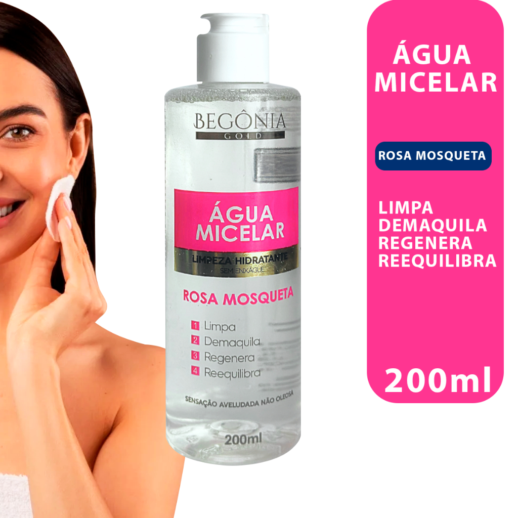 Água micelar Rosa Mosqueta 200ml Gold Begônia comestico Hidrata Purifica Suaviza Higieniza limpa