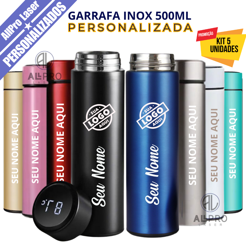 Kit 5 Garrafas Térmica Medidor Temperatura Termômetro LED 500ml Personalizada Logo Nome Times
