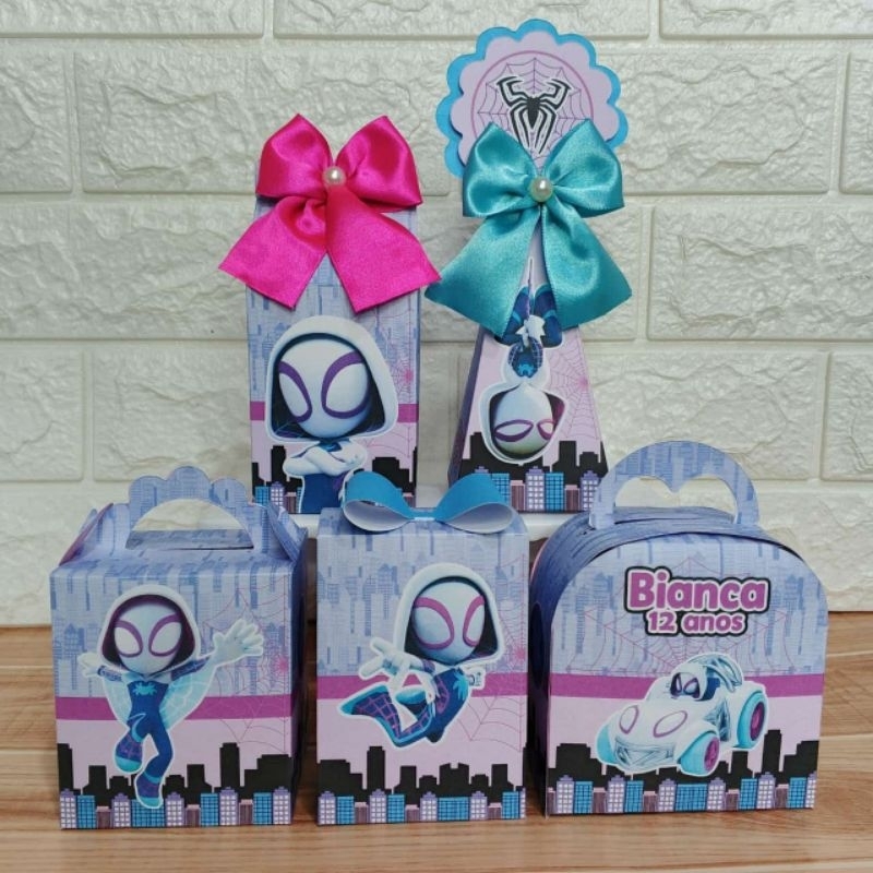 Kit Papelaria Personalizada Ghost Spider Mulher Aranha Caixas Festa Lembrancinha Aniversário
