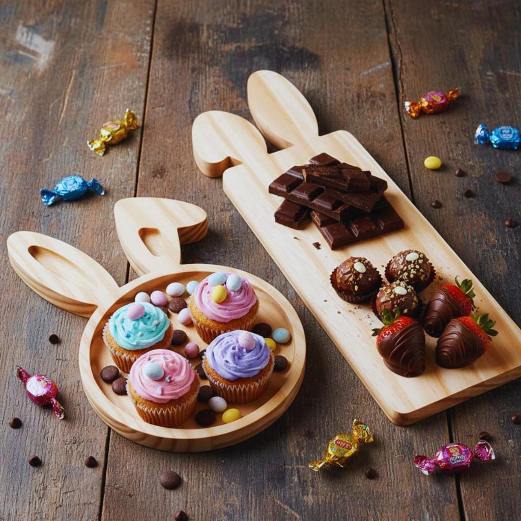 Kit Petisqueira E Tábua Coelho Páscoa Madeira Frios Doces Mesa Posta Decoração Coelhinho