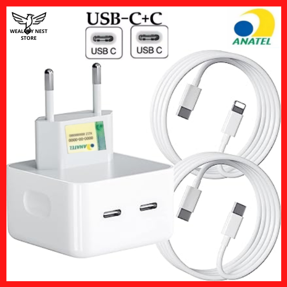 Kit Carregador Fonte PD Duplo USB-C 35W + Cabo Lightning/Tipo-C 1M/2M Carregamento Rápido